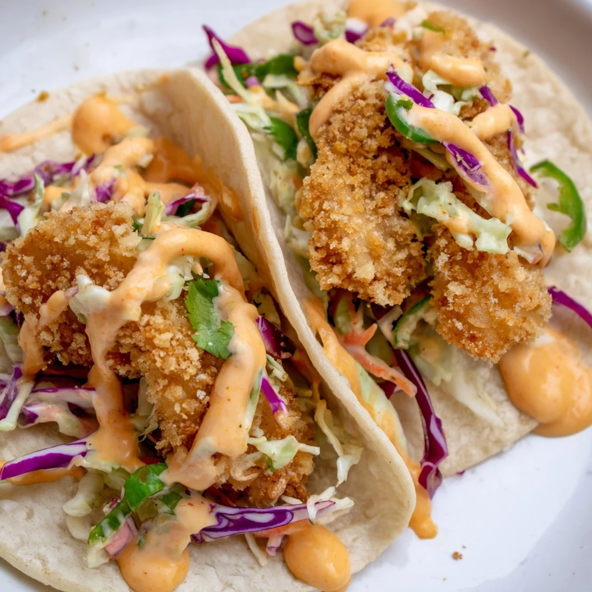 Crispy battered bang bang fish tacos topped with creamy slaw and vibrant cilantro on a rustic plate