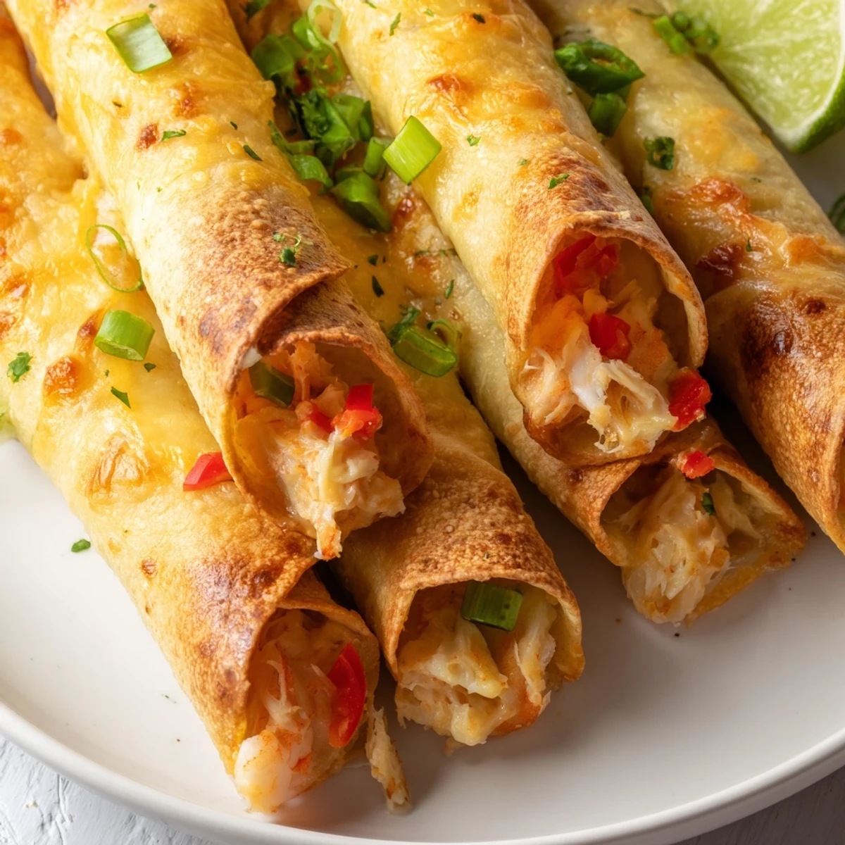 Golden crispy crab and shrimp queso taquitos arranged on a white serving platter with lime wedges