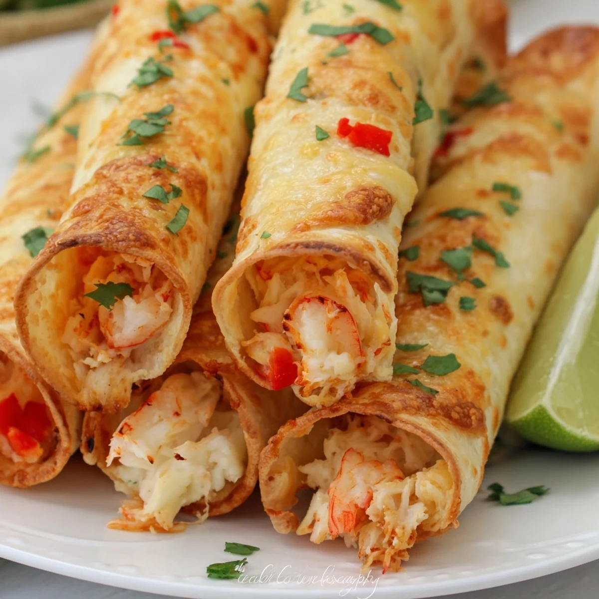 Crab and shrimp queso taquitos fresh from the oven with melted cheese oozing from crispy tortillas