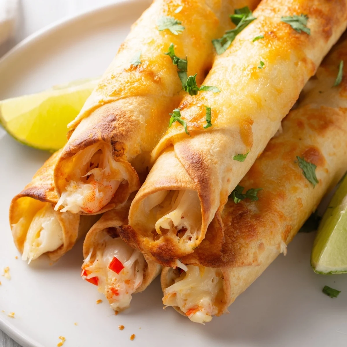 Crab and shrimp queso taquitos stacked beside bright guacamole and fresh cilantro garnish