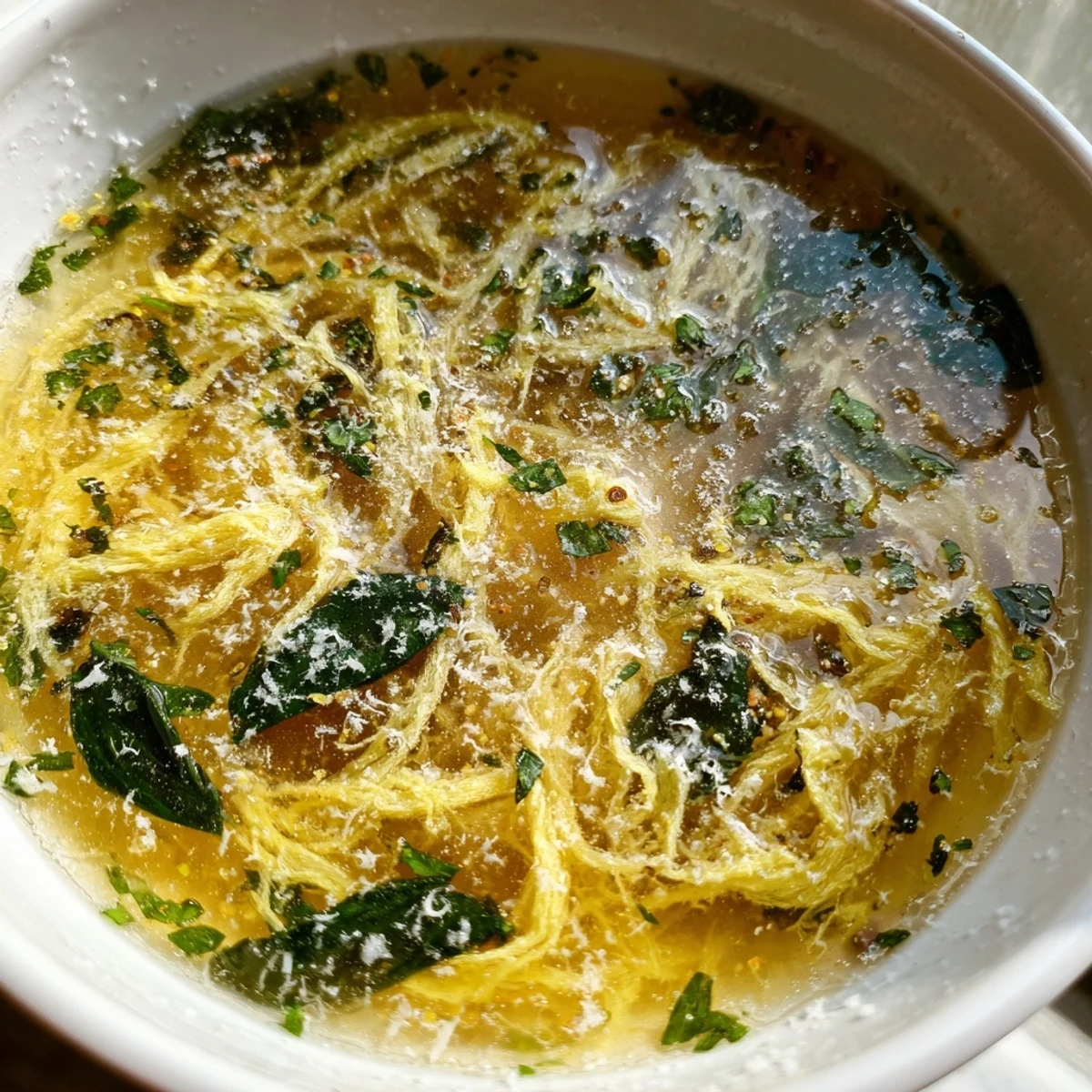 Steaming bowl of Stracciatella Soup with delicate egg ribbons and fresh spinach leaves