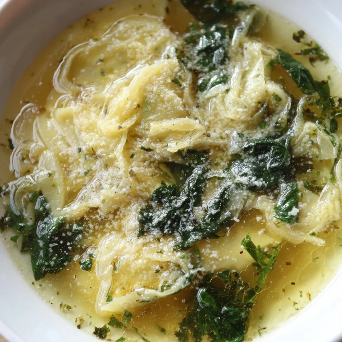 Creamy Stracciatella Soup topped with grated Parmesan and garnished with chopped parsley
