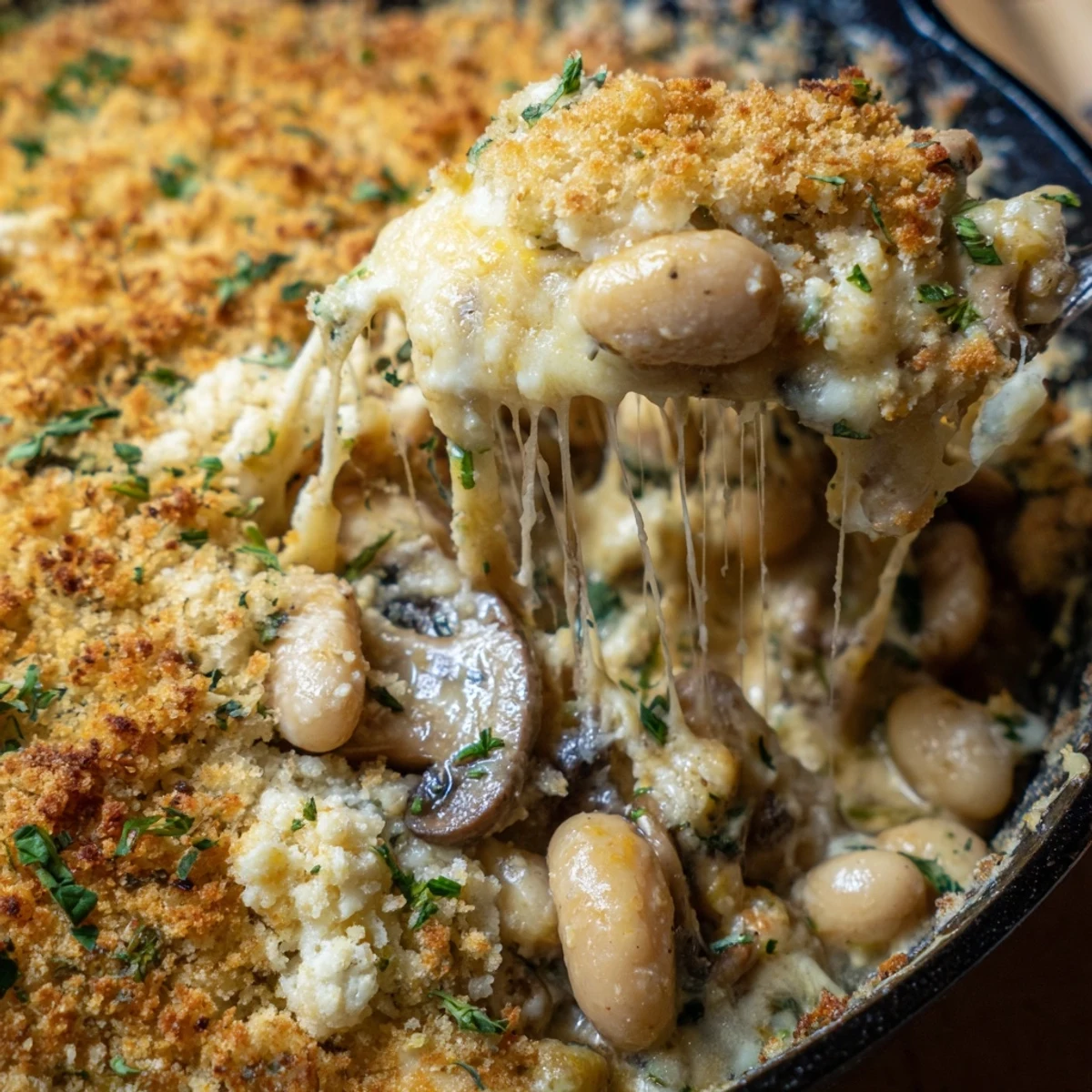 Creamy Spiced White Beans With Mushrooms bubbling under a golden cheddar herb crust