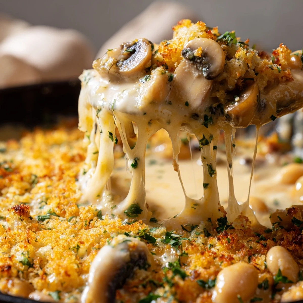 Creamy Spiced White Beans With Mushrooms served steaming with a crispy cheddar breadcrumb topping