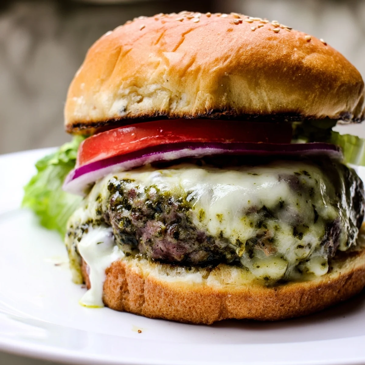 Juicy pesto garlic burgers with melted cheese on golden toasted buns