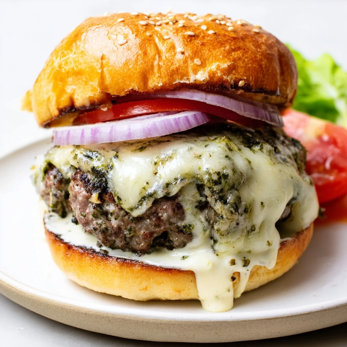Basil pesto garlic burgers drizzled with creamy garlic mayo and fresh lettuce