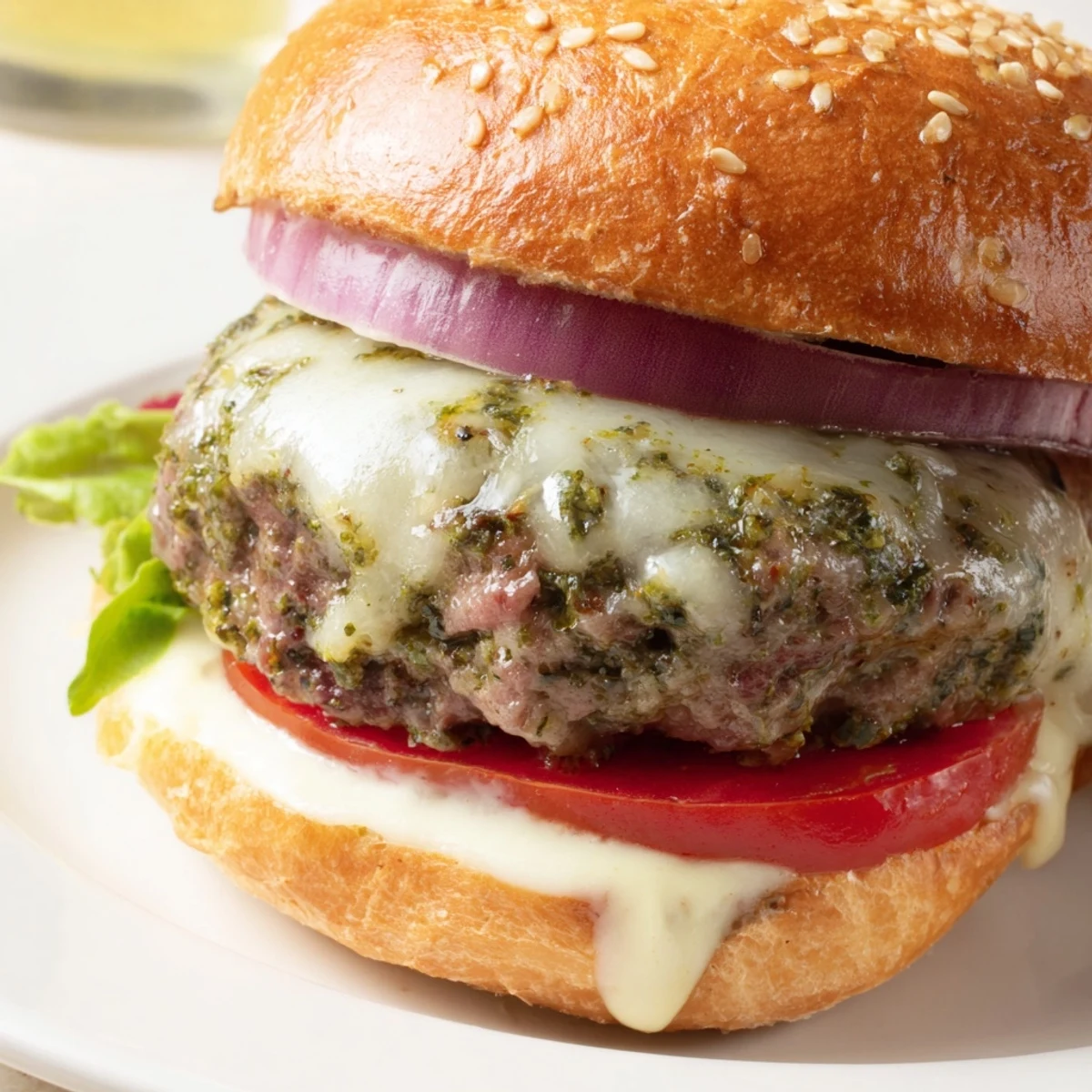 Cheesy pesto garlic burgers stacked with tomato slices and caramelized onion rings