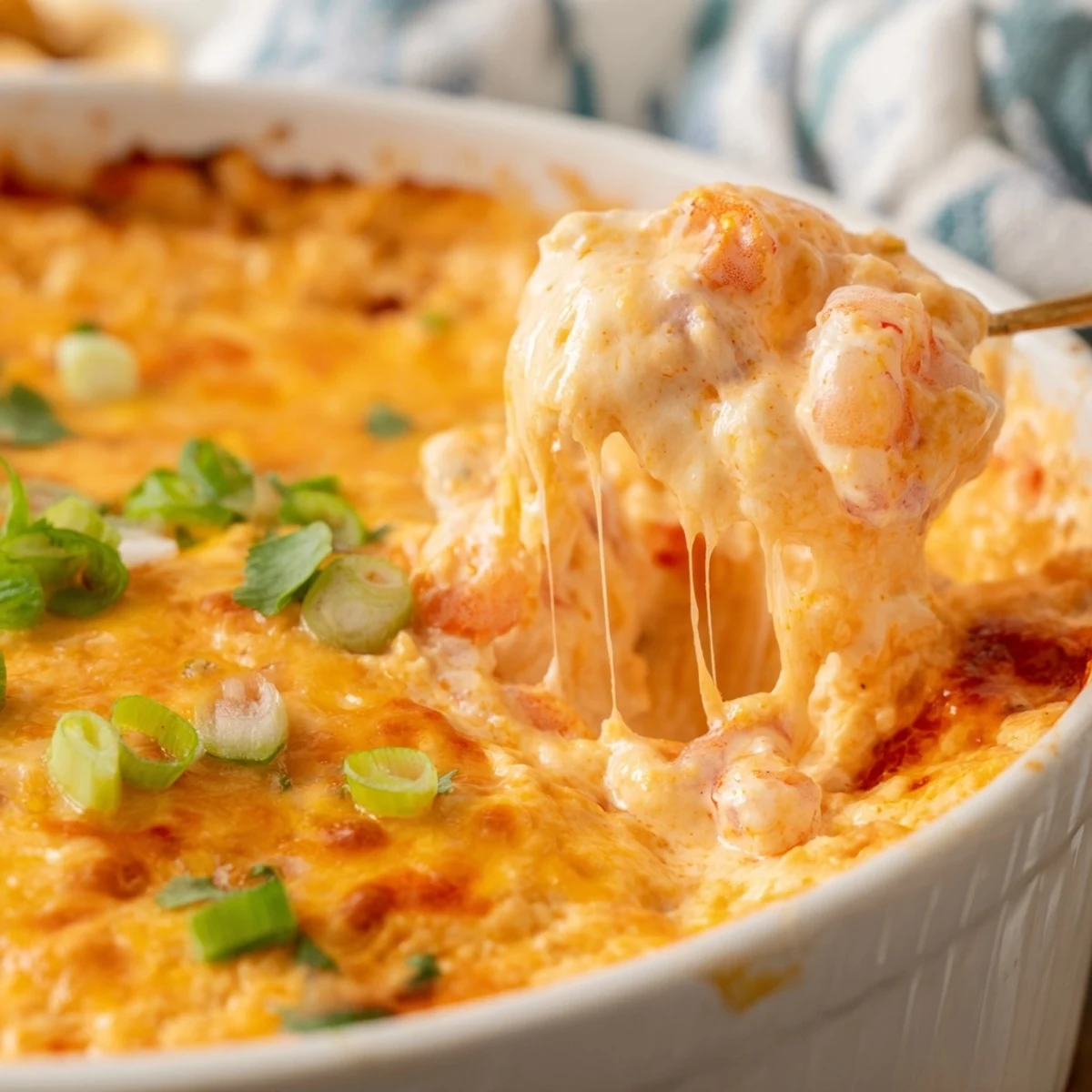 Warm extra cheesy bang bang shrimp dip topped with green onions and tortilla chips