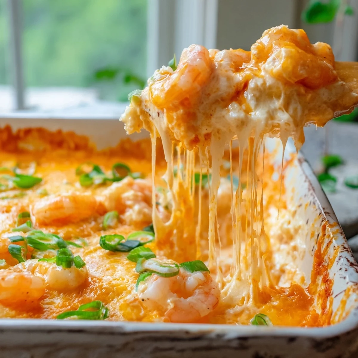 Creamy extra cheesy bang bang shrimp dip bubbling golden in a cast iron skillet
