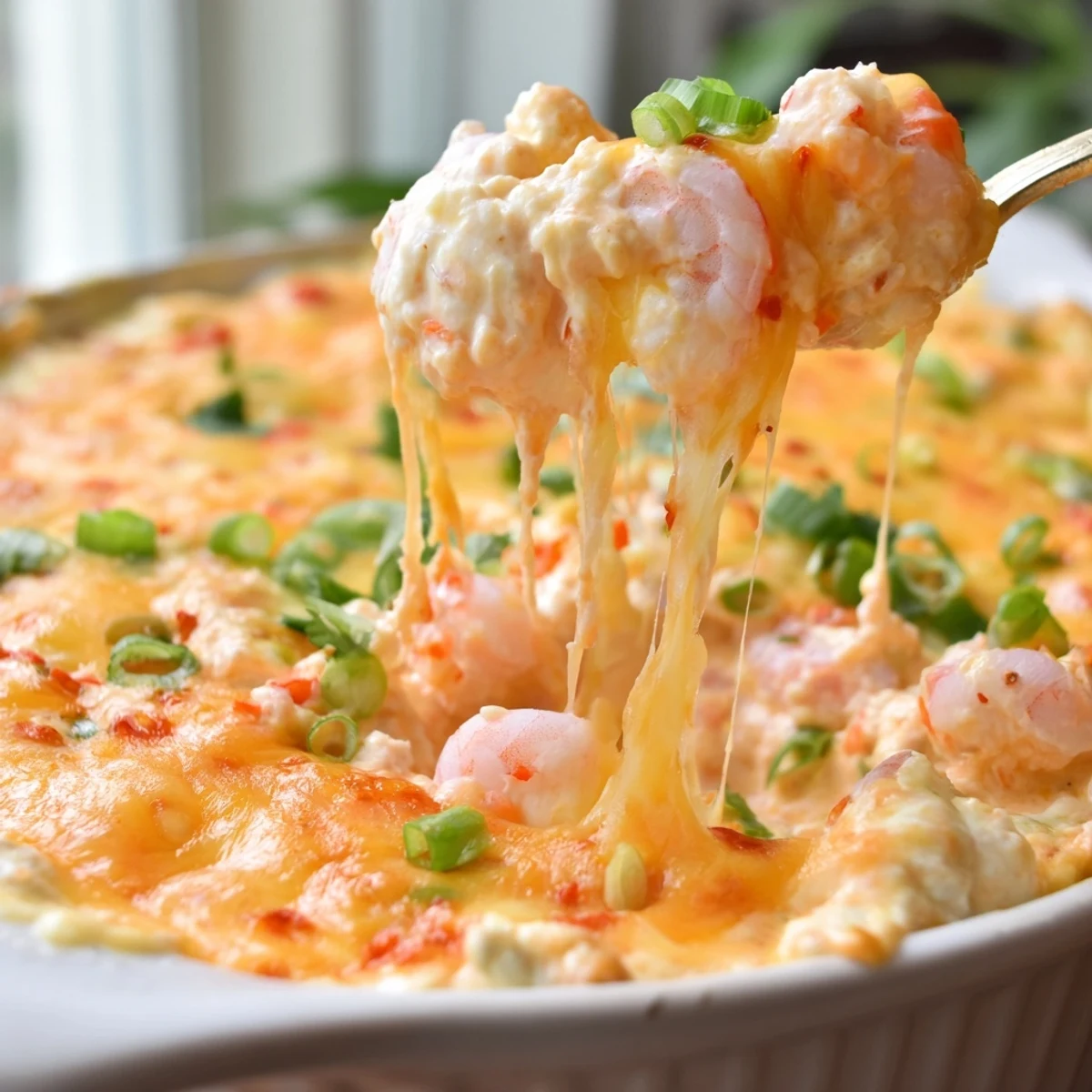 Spoonful of extra cheesy bang bang shrimp dip stretching melted cheddar and mozzarella cheese