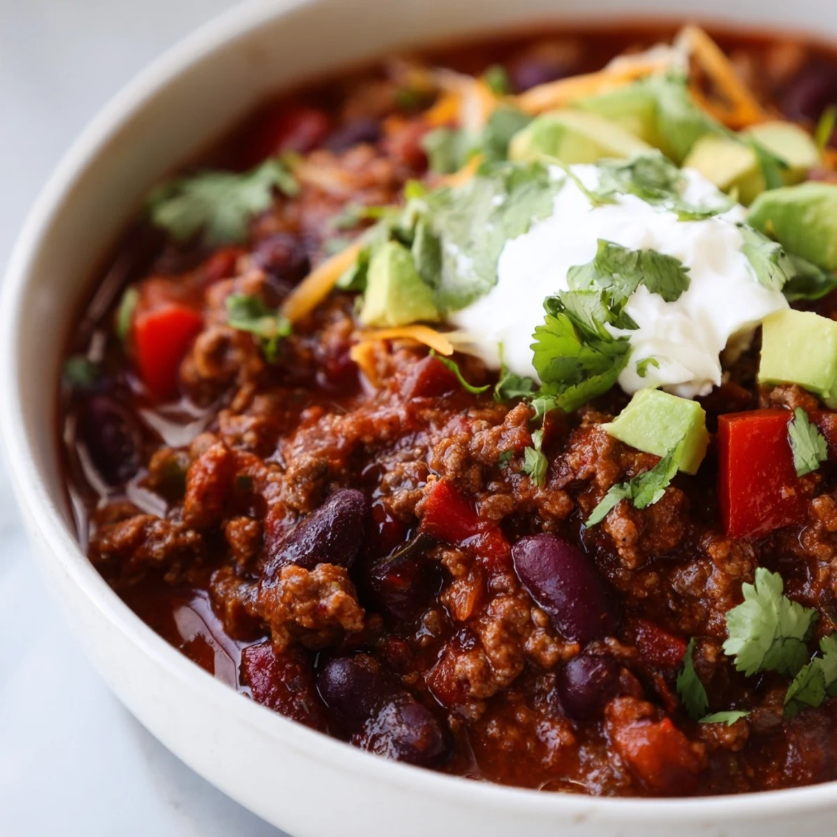 Steaming bowl of homemade chili topped with melted cheddar and fresh cilantro