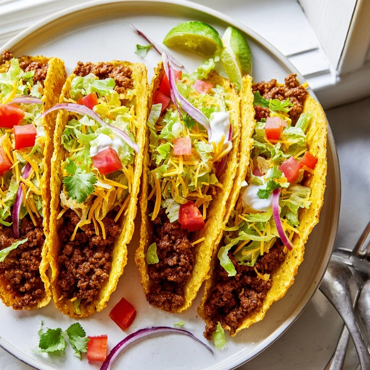 Golden crispy beef tacos loaded with seasoned meat, melted cheese, and fresh toppings