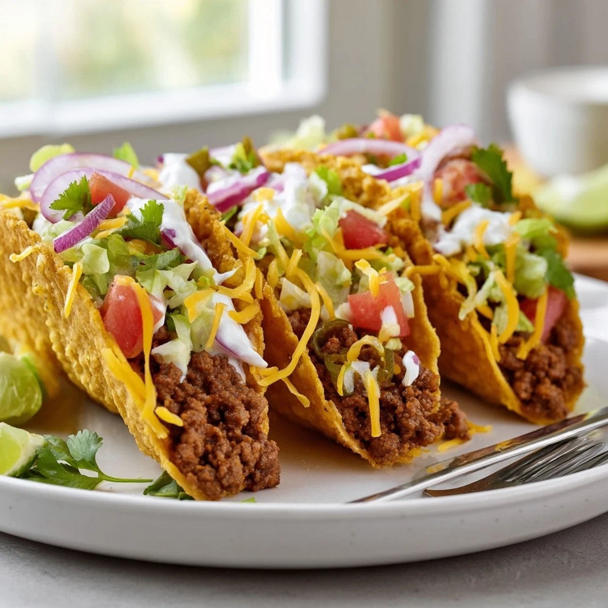 Crispy beef tacos served on a rustic plate with vibrant salsa and lime