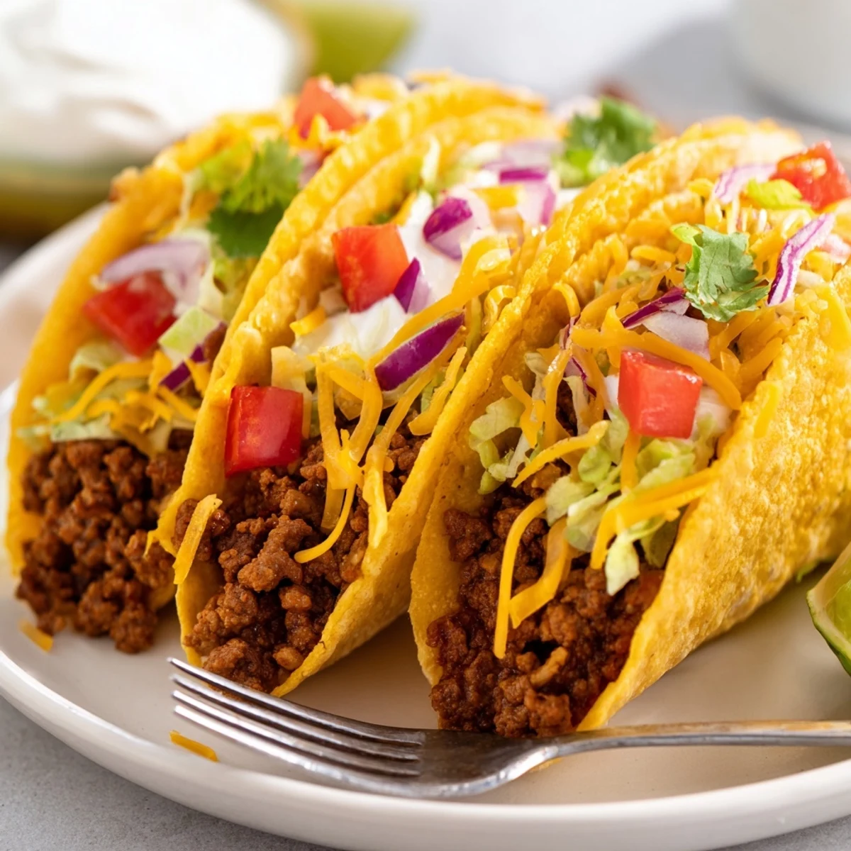 Close-up of crispy beef tacos with melty cheese, shredded lettuce, and jalapeños
