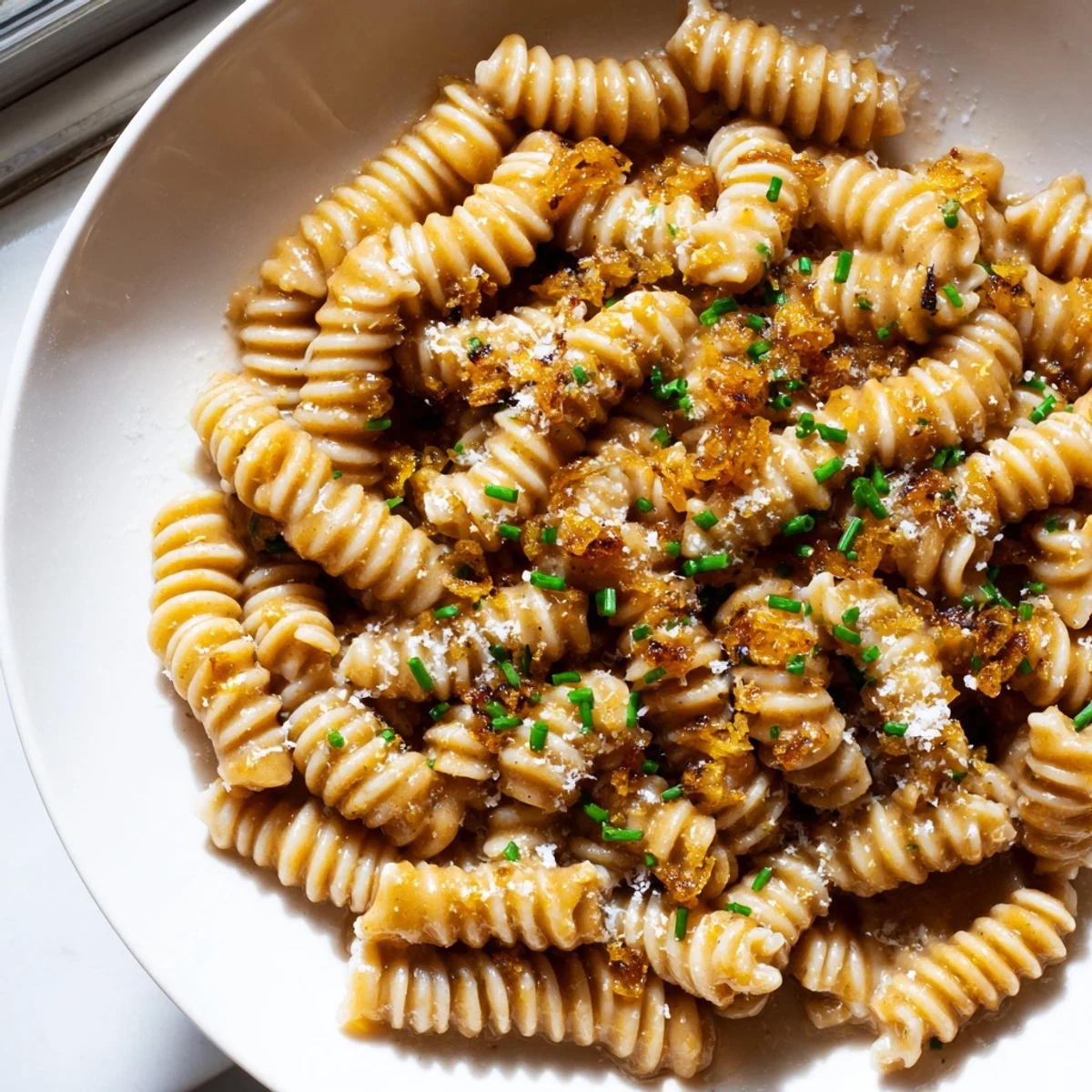 Steaming bowl of Brown Butter Miso Roasted Garlic Radiatori garnished with fried shallots and fresh herbs