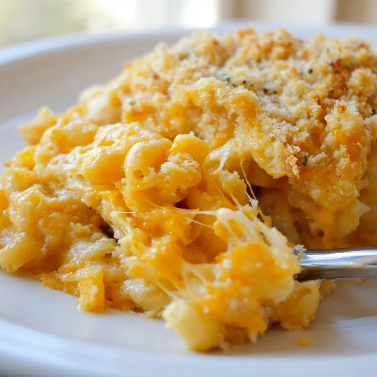 Golden baked mac and cheese with bubbly sharp cheddar crust in a rustic dish