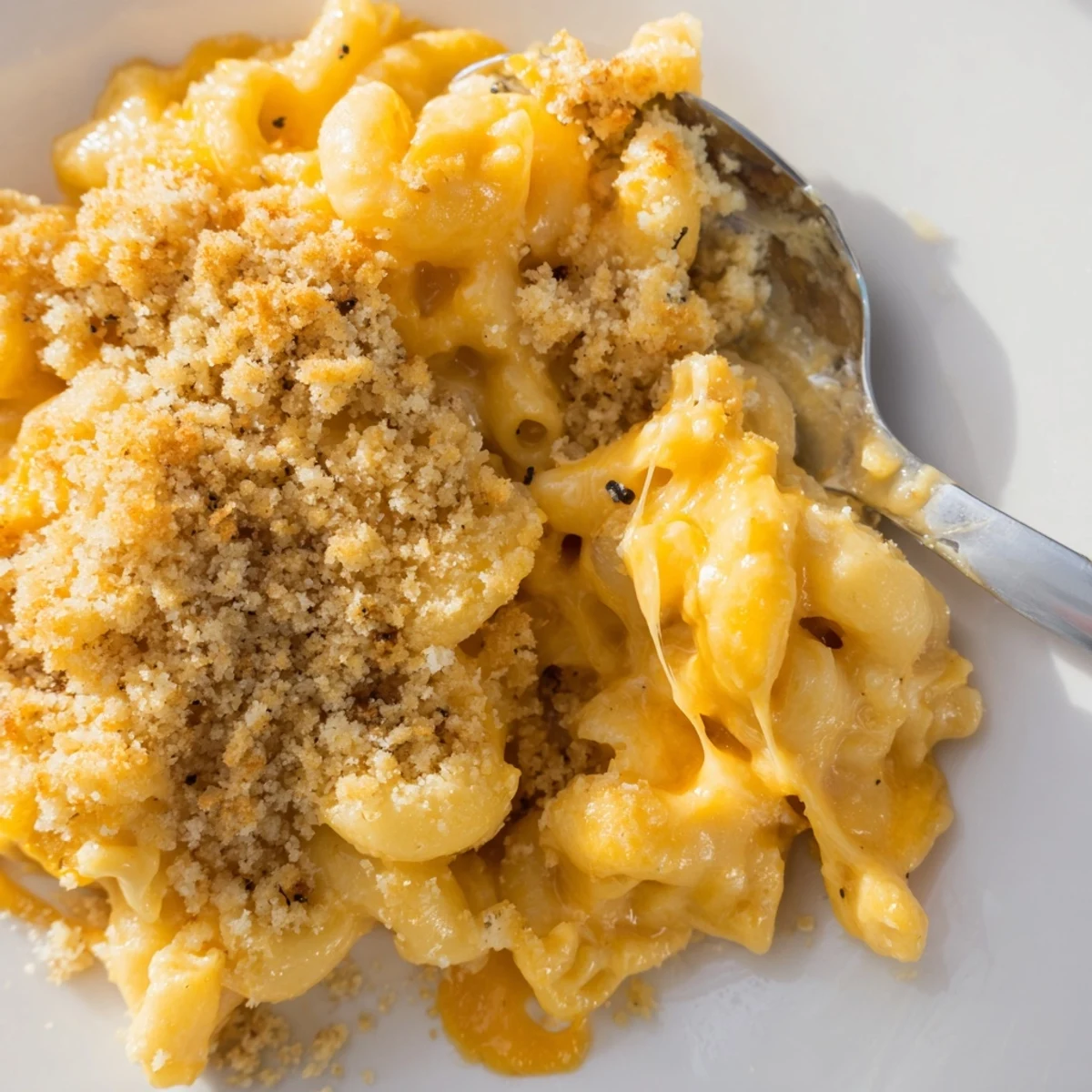 Classic mac and cheese topped with crispy breadcrumbs served in a white casserole