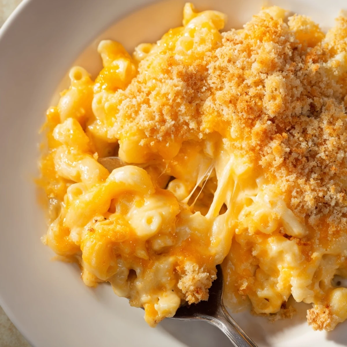 Steaming spoonful of creamy mac and cheese pulling stretchy mozzarella strings