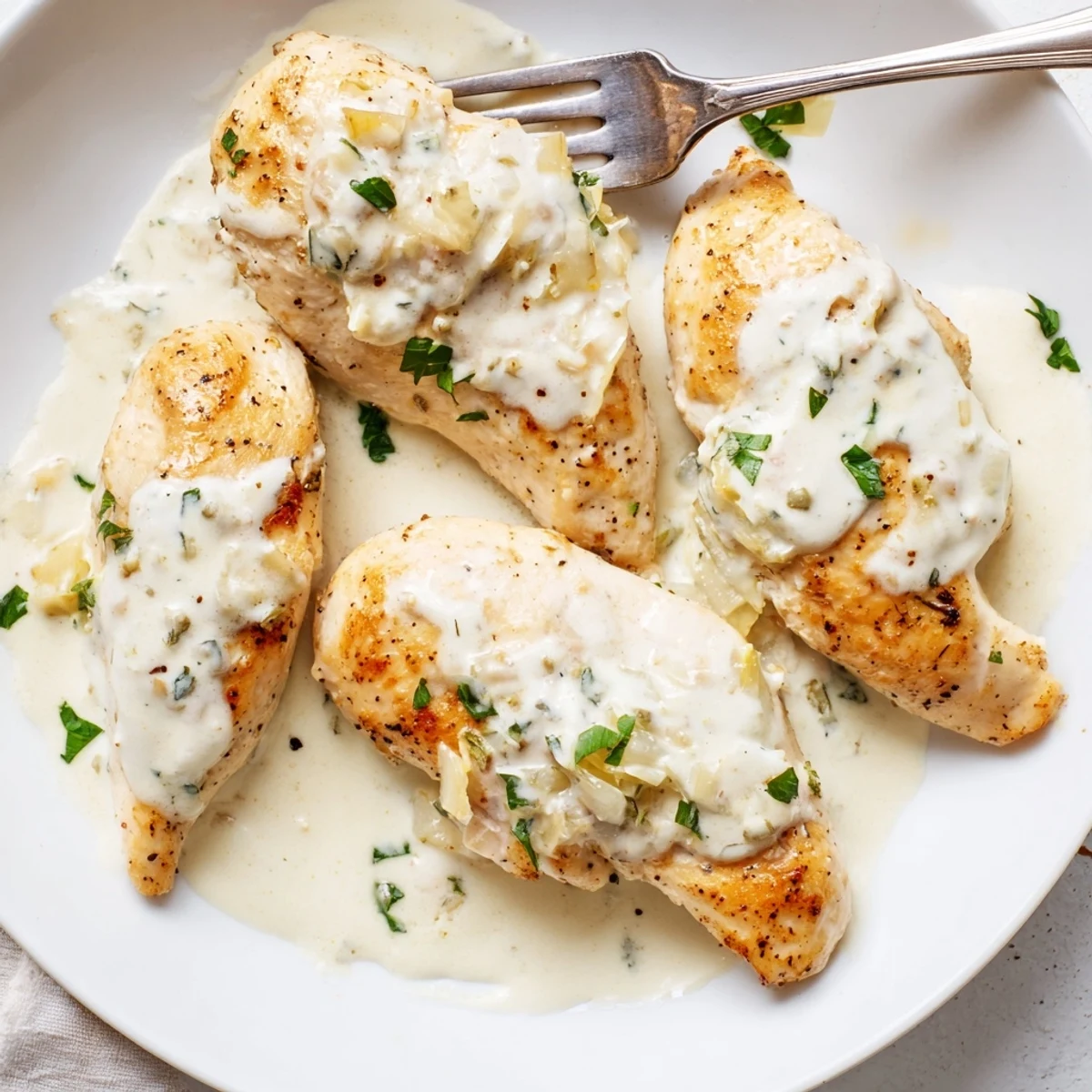Creamy cream cheese chicken in a white skillet topped with fresh parsley