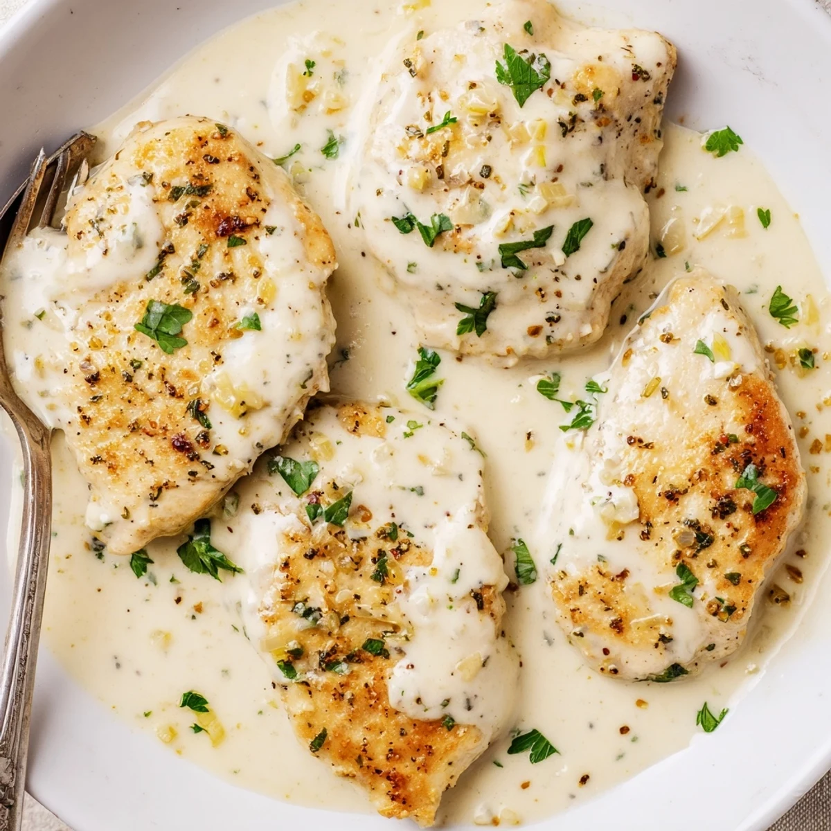 Cream cheese chicken with golden seared breasts smothered in rich Parmesan sauce