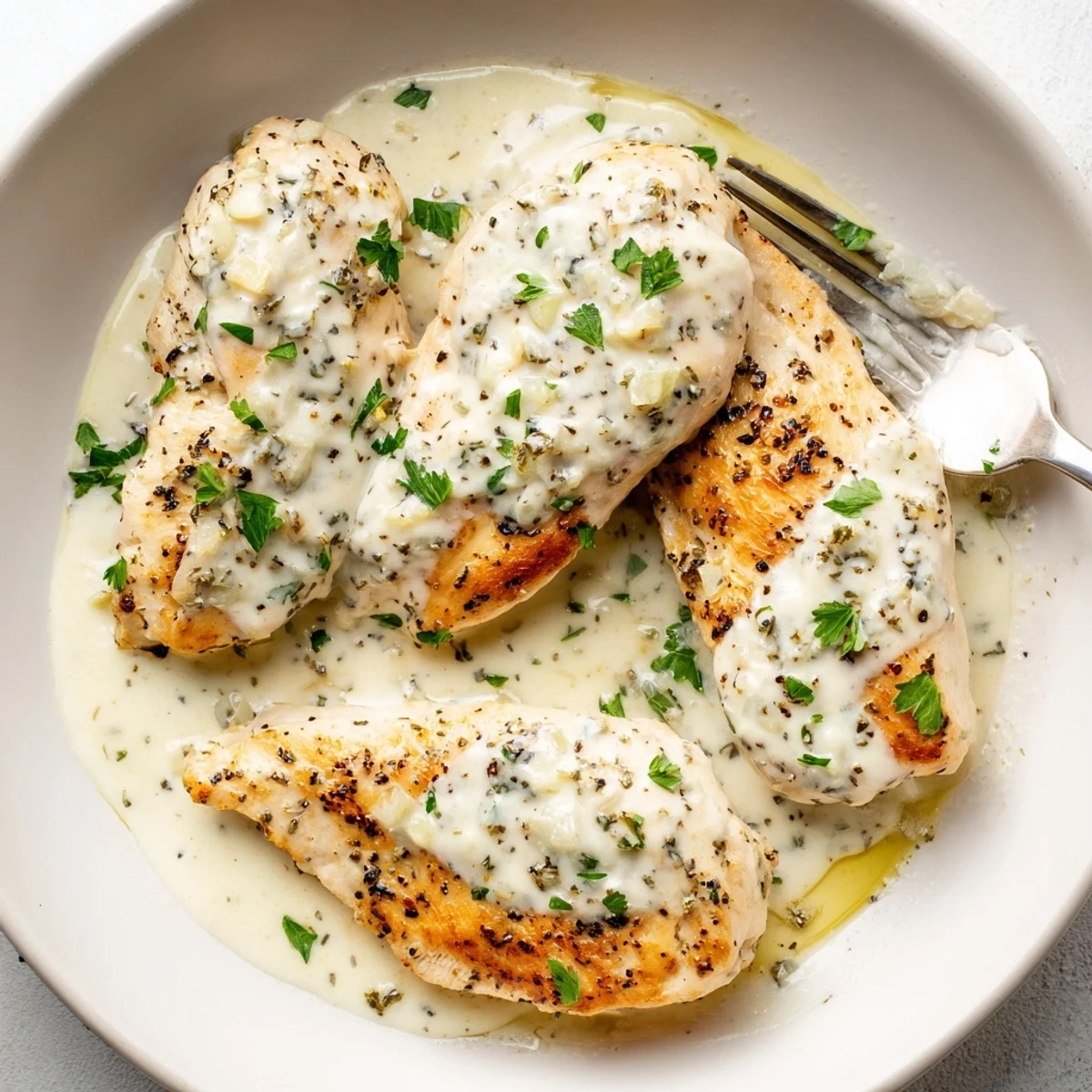 Cream cheese chicken breasts coated in smooth tangy sauce ready for serving