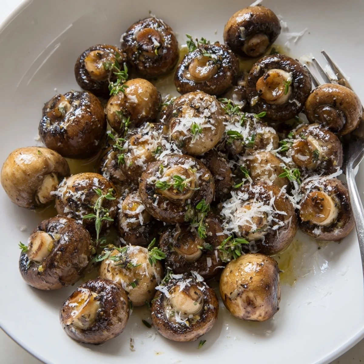 Golden grilled garlic mushrooms glistening with olive oil and fresh parsley in a skillet
