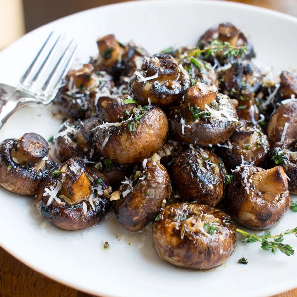 Smoky charred mushrooms coated in garlic herb butter served in a rustic dish