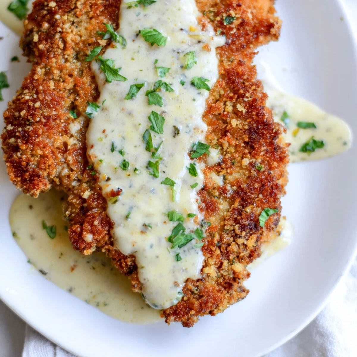Golden crispy Parmesan chicken drizzled with velvety garlic cream sauce on a white plate