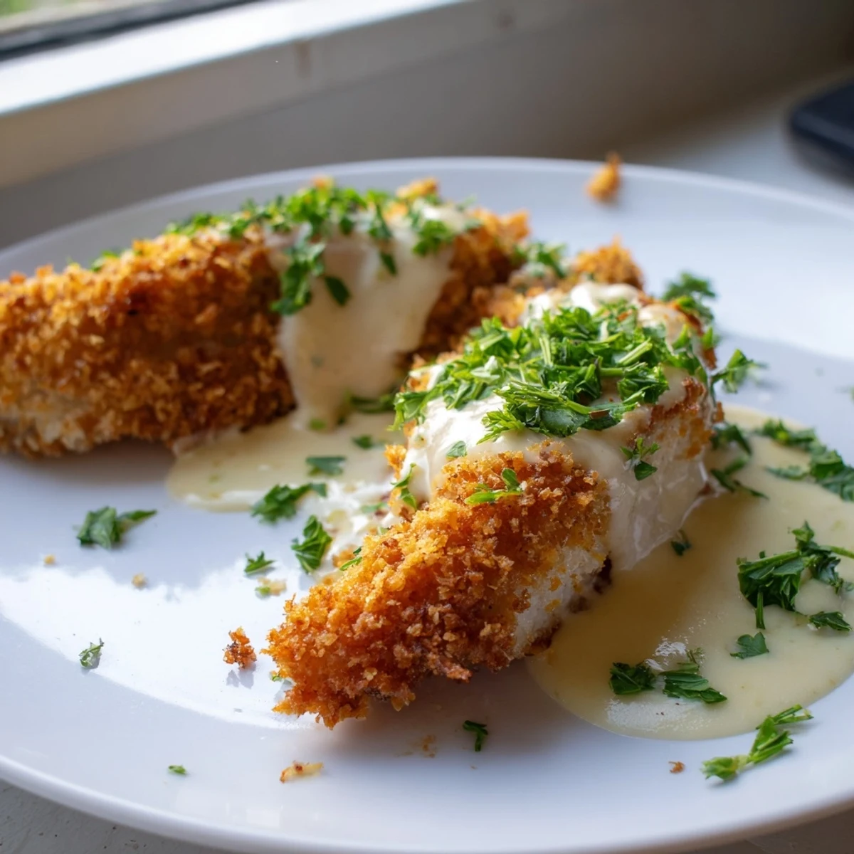 Crispy Parmesan chicken with creamy garlic sauce nestled beside buttery mashed potatoes