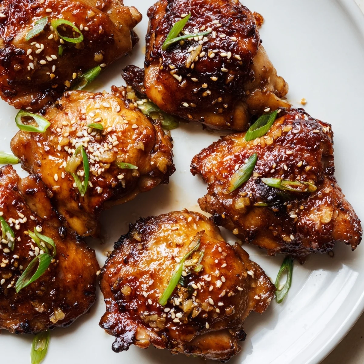 Juicy ginger garlic chicken thighs bake topped with green onions and sesame seeds