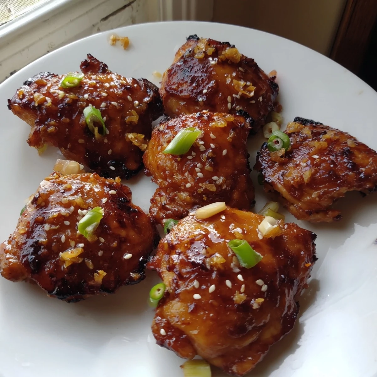 Golden ginger garlic chicken thighs bake with caramelized skin on a sheet pan