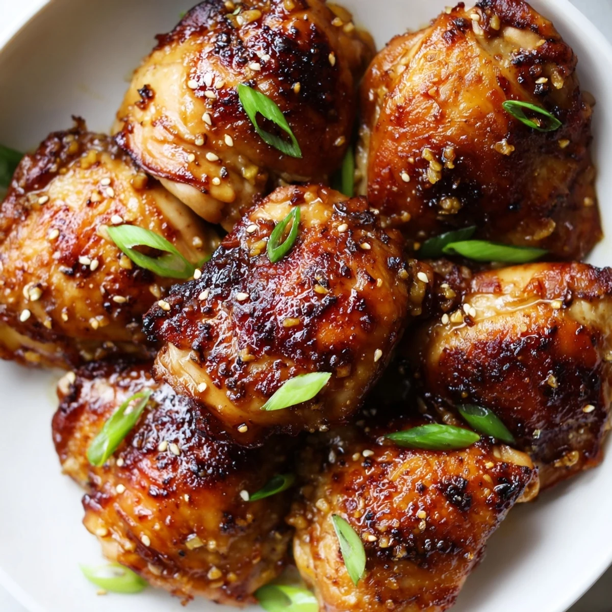 Crispy ginger garlic chicken thighs bake drizzled with sticky honey soy glaze