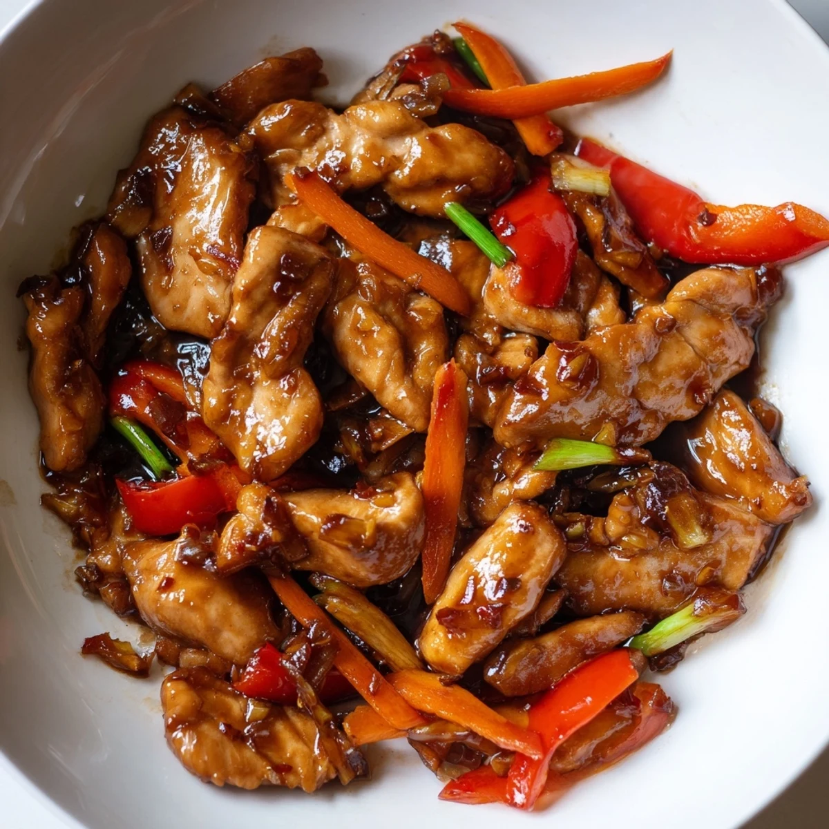 Glossy stir fried Chinese garlic chicken with colorful bell peppers in a savory sauce