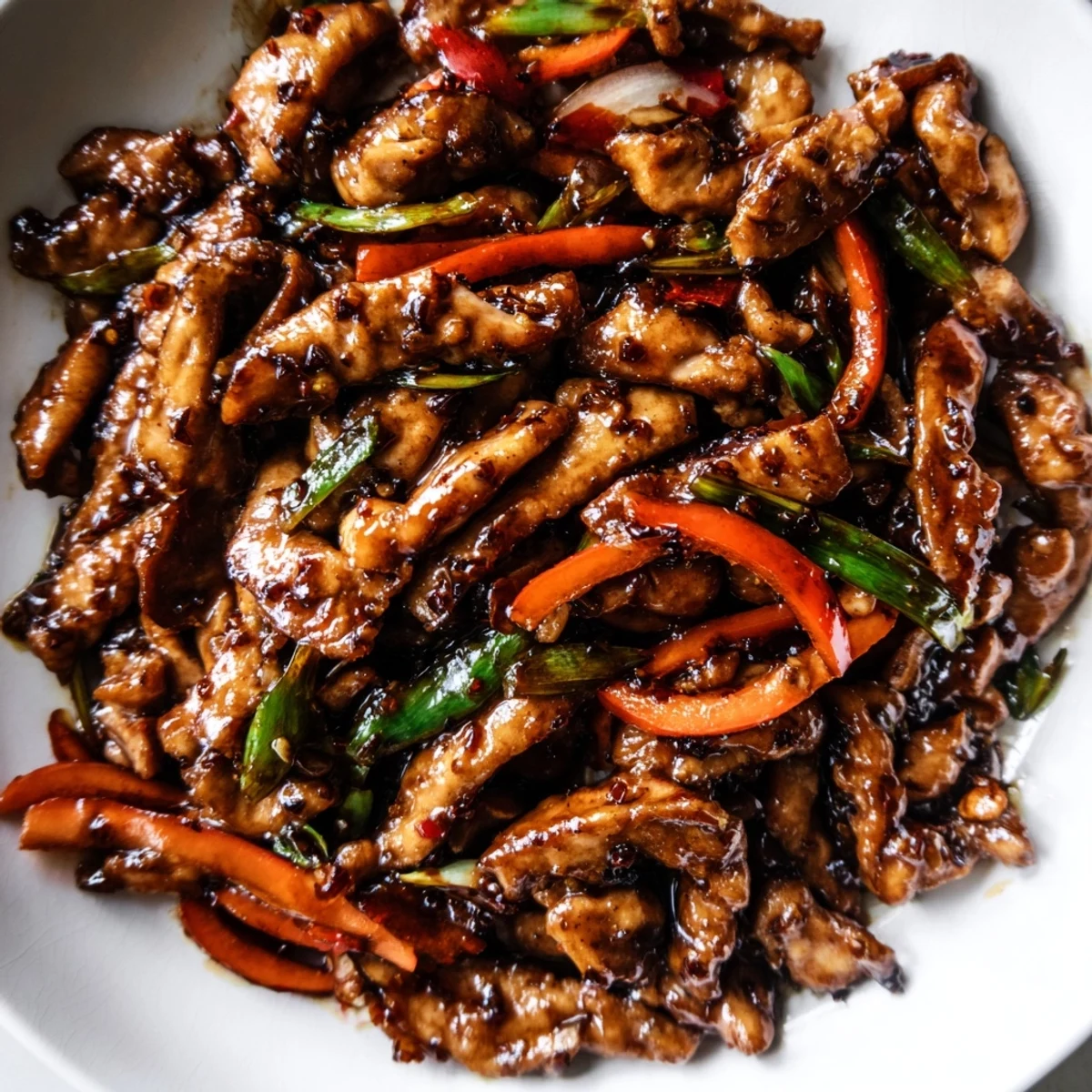 Tender stir fried Chinese garlic chicken served over steamed white jasmine rice