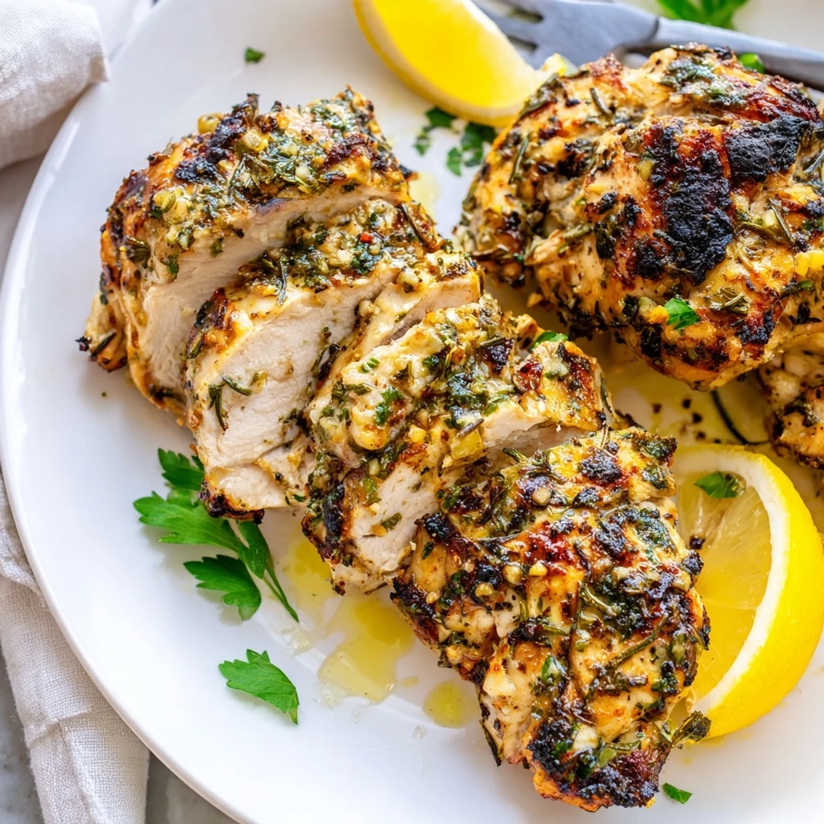 Golden savory garlic herb chicken topped with fresh parsley and lemon wedges