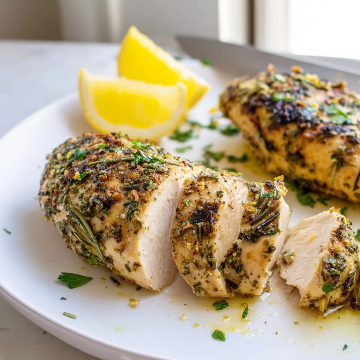 Juicy savory garlic herb chicken with roasted herbs on a white plate