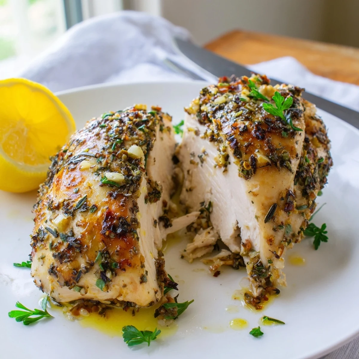 Tender savory garlic herb chicken sliced open revealing juicy garlic herb meat