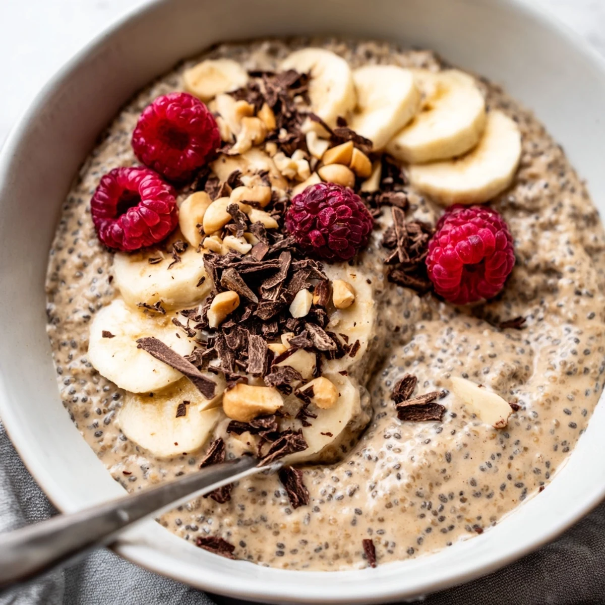 Creamy peanut butter chia pudding topped with sliced bananas and chopped peanuts in a glass jar