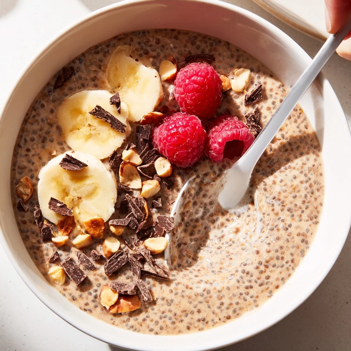 Velvety peanut butter chia pudding garnished with dark chocolate shavings and fresh ripe berries