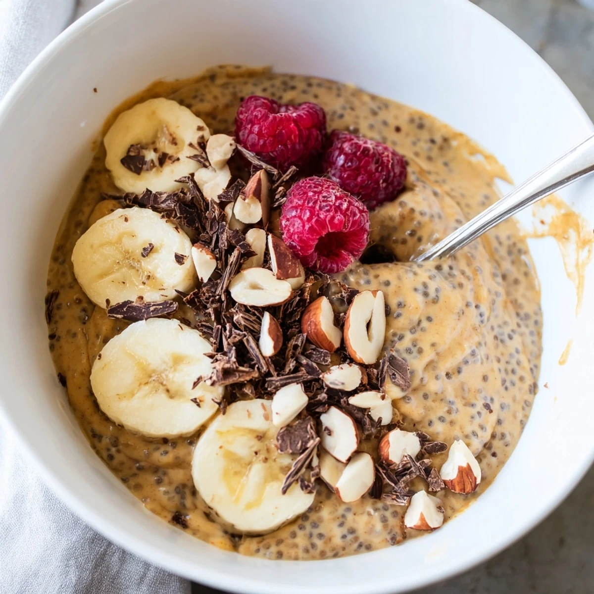 Thick peanut butter chia pudding swirled with maple syrup and served in rustic mason jars