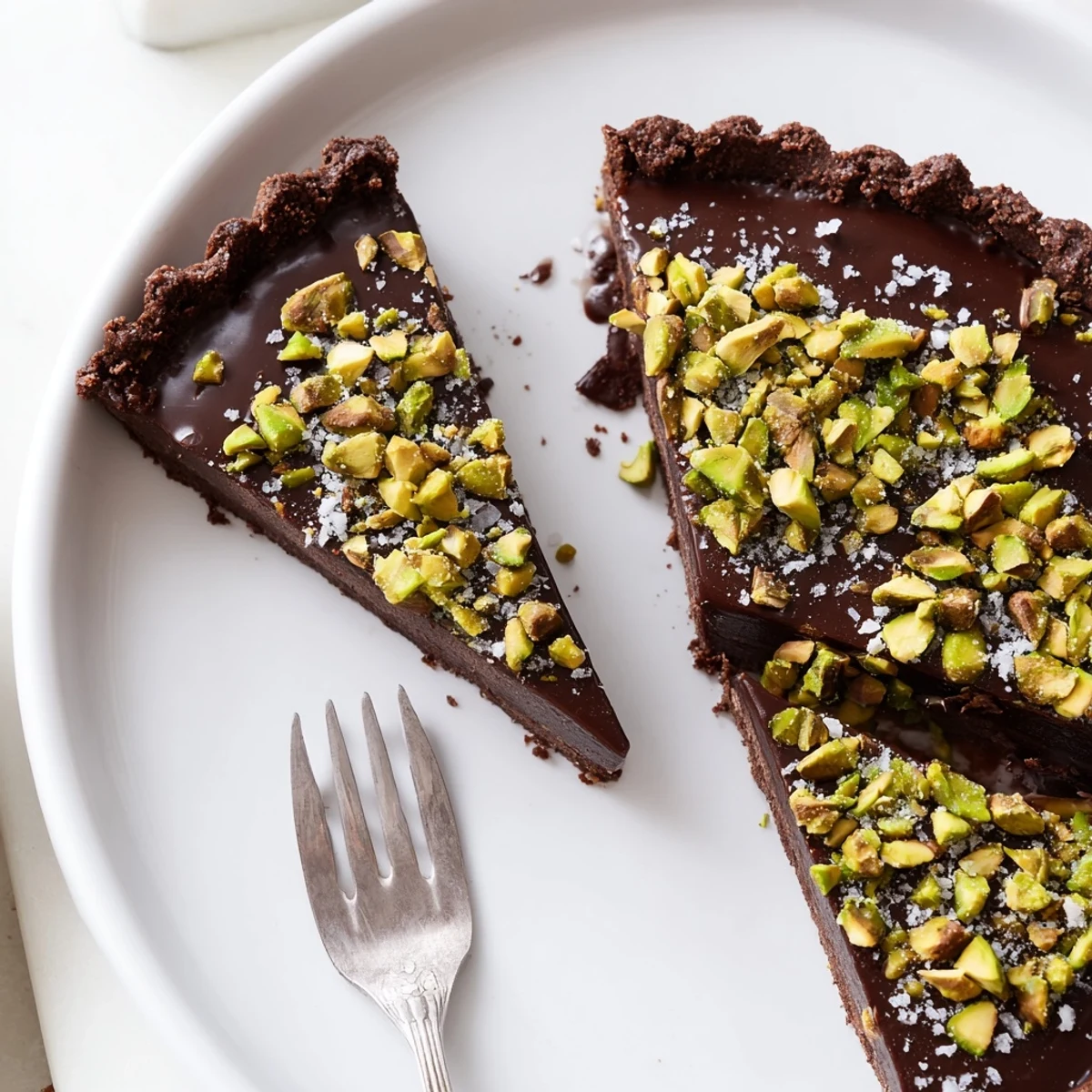 Dark Chocolate Pistachio Tart with glossy ganache filling and crunchy green pistachio garnish