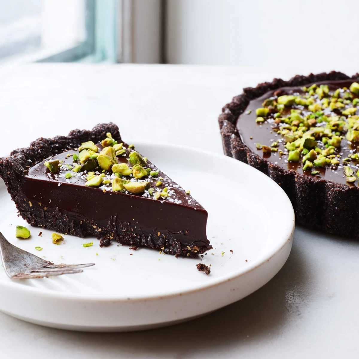 Dark Chocolate Pistachio Tart topped with chopped nuts and a delicate sprinkle of flaky sea salt