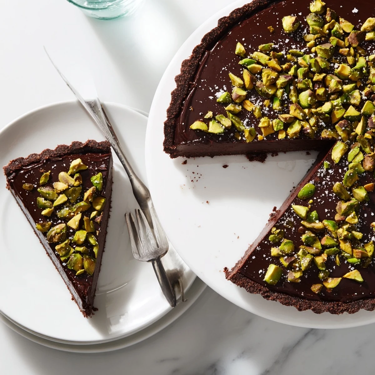 Rich Dark Chocolate Pistachio Tart sliced to reveal a crisp cocoa crust and silky ganache