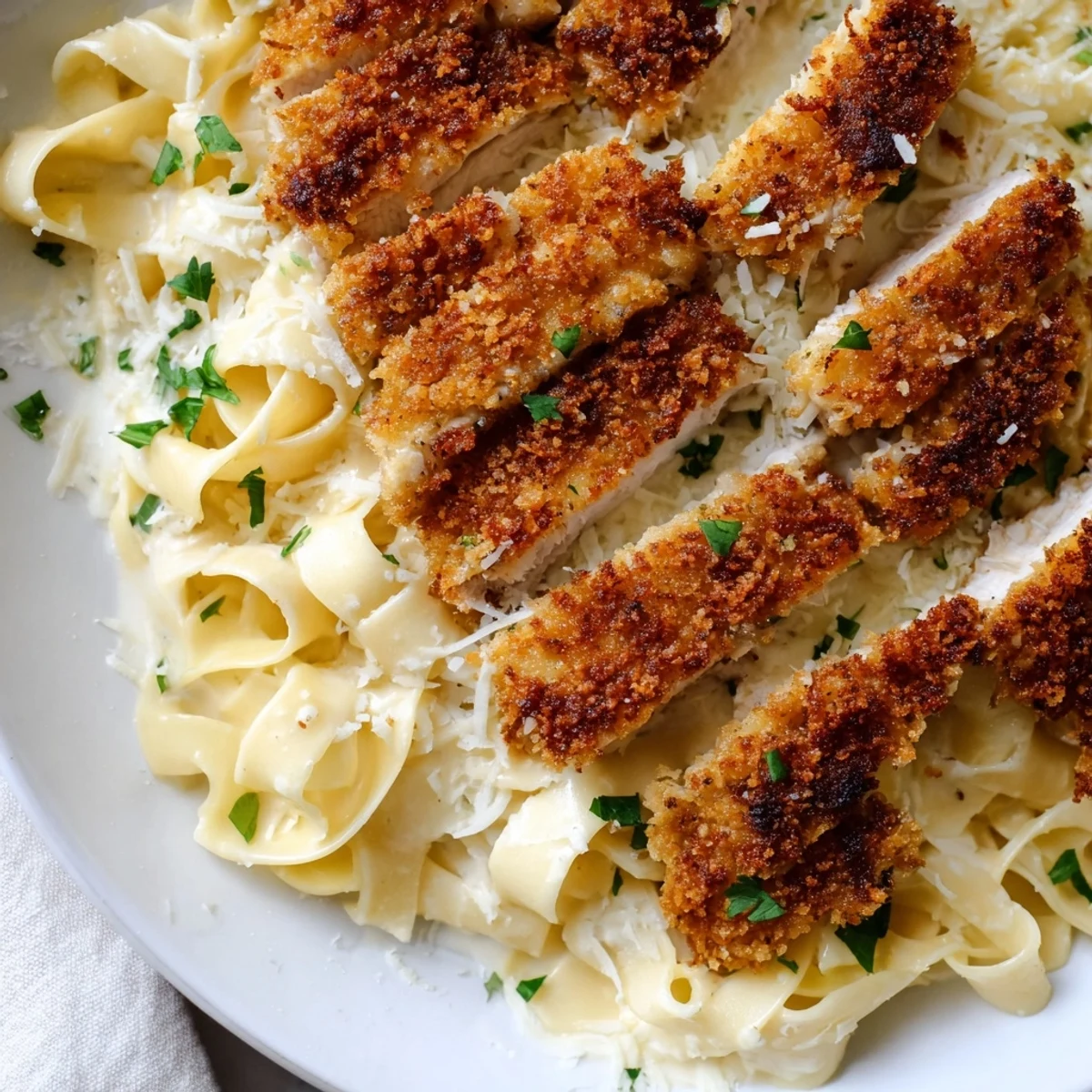 Crispy Chicken Alfredo with golden breaded cutlets resting on creamy fettuccine