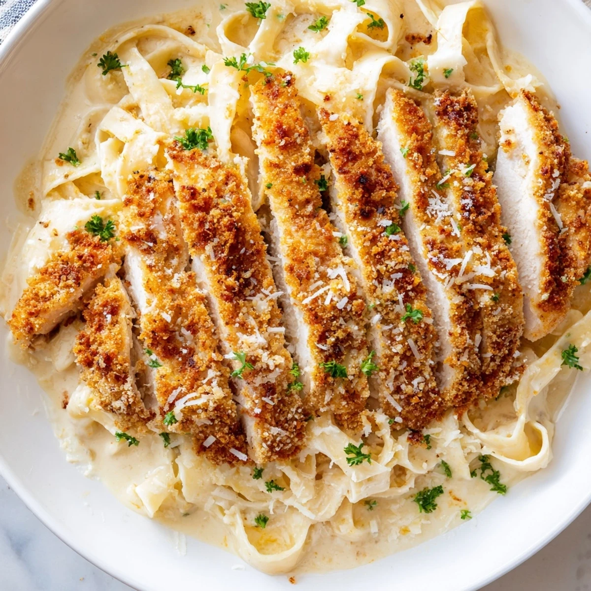 Creamy Crispy Chicken Alfredo topped with parsley and melted Parmesan cheese