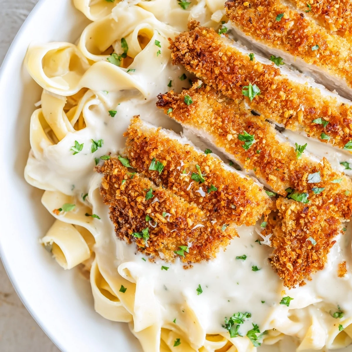 Golden pan-fried chicken sliced over rich Crispy Chicken Alfredo pasta