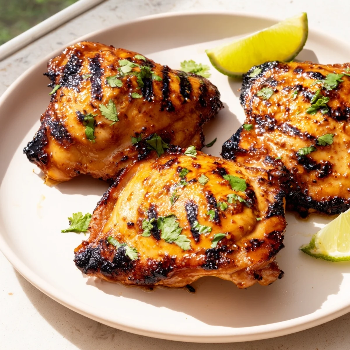 Golden honey glazed sweet n spicy grilled chicken thighs garnished with fresh cilantro