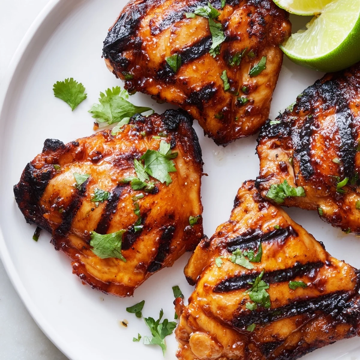 Crispy sweet n spicy grilled chicken thighs with charred skin on a plate