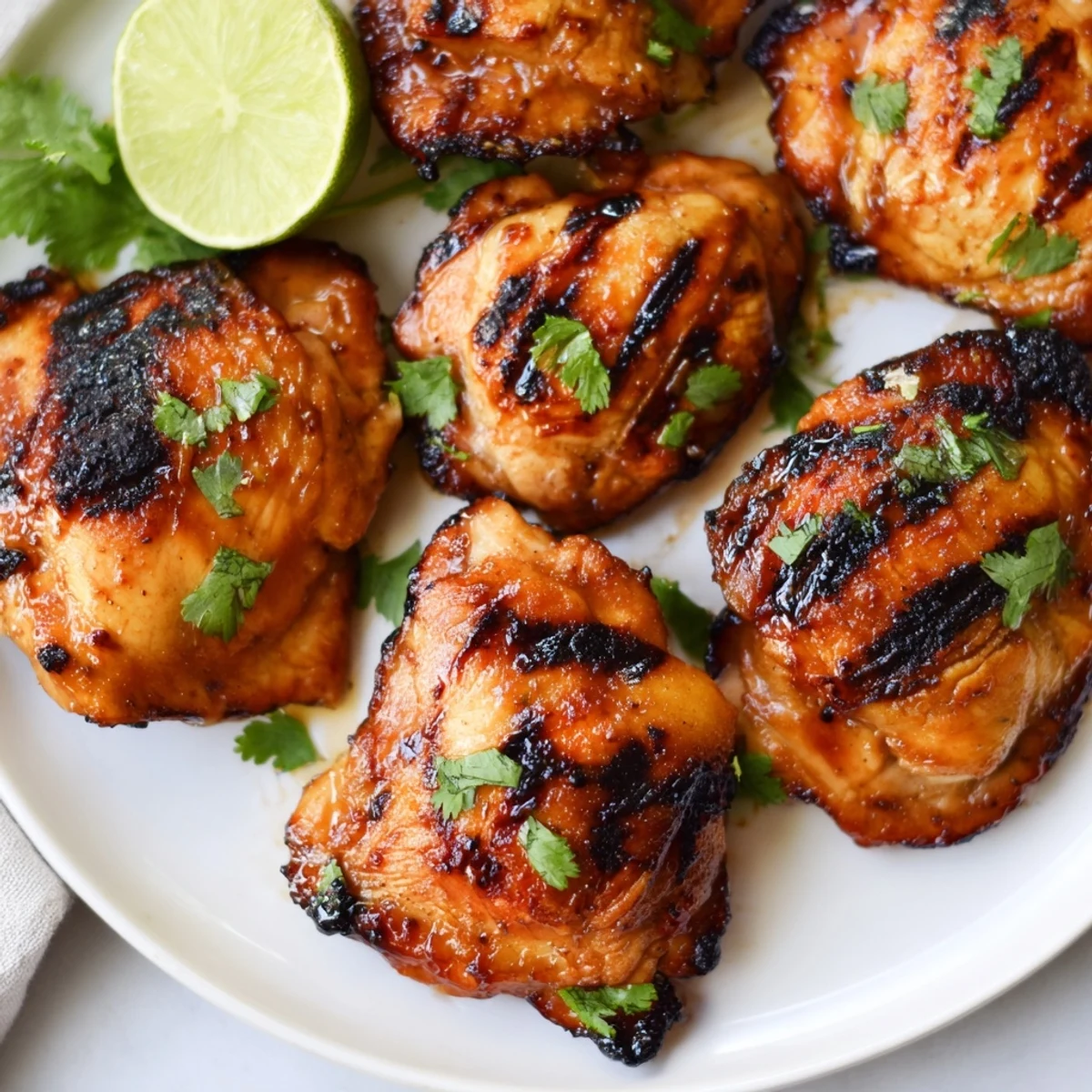 Juicy sweet n spicy grilled chicken thighs sizzling off the grill with lime wedges