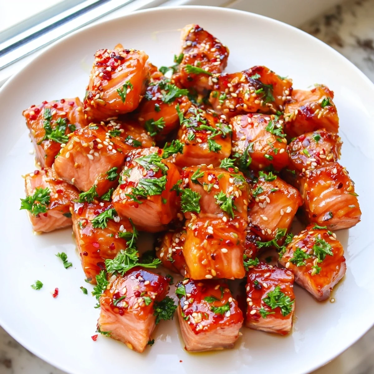Caramelized hot honey salmon bites glistening with spicy-sweet glaze on a dark plate